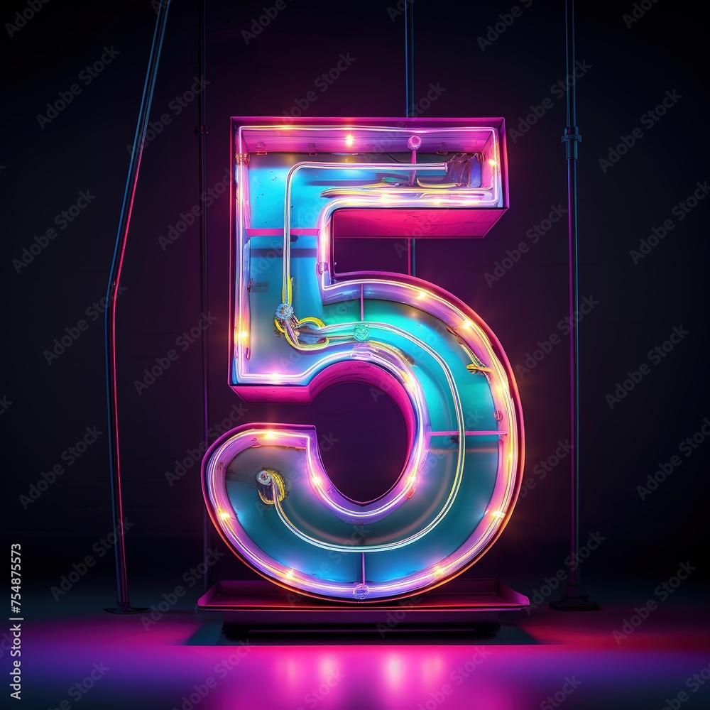 Number 5 five. Futuristic neon font, digital glowing symbol, logo on ...